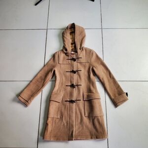 Aritzia TNA camel wool duffle coat  yellow plaid lining toggle closures size S